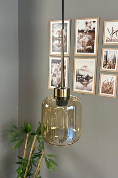 Bamyum Diona Cam Bal Rengi Tekli Avize İnce Eskitme Başlık Retro Sarkıt Lamba Salon Aydınlatma