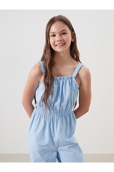 LC Waikiki Blue Square Collar Girl's Jumpsuit