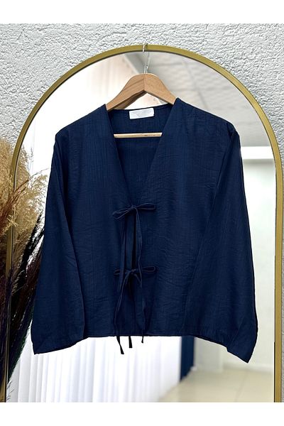 MİHRA STORE Kimono scurt din țesătură căpșuni Mirona cu șireturi în față-MF210 bleumarin