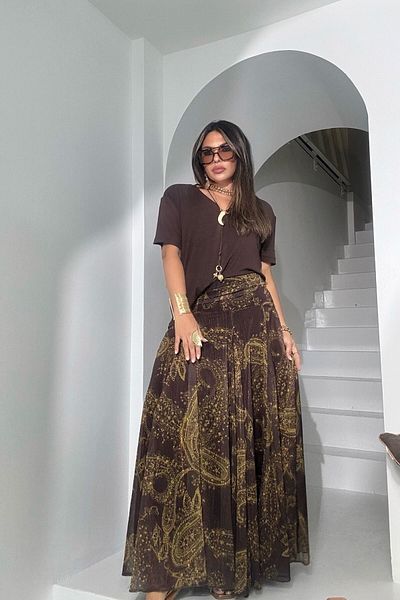 Sohotique By P Chiffon Draped Glitter Reflective Skirt Bitter Brown