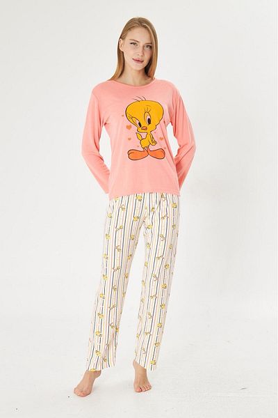 Pajama Shop Women's 100% Cotton Pink Chick Patterned Striped Crew Neck Long Sleeve Pajama Set