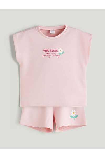 LC Waikiki Brown Printed Girl's T-Shirt and Shorts 2-Piece Set