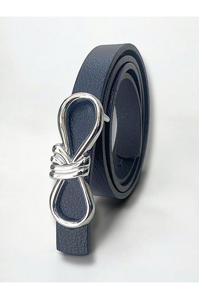 Kemerix 100% Genuine Leather Navy Blue Women's Belt with Silver Buckle