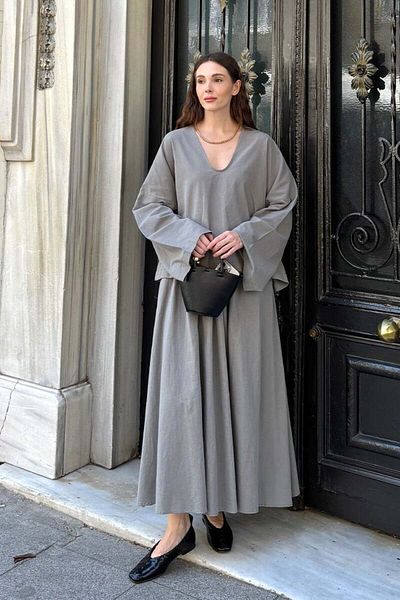 Ceylan Otantik Gray Organic Linen Balloon Skirt & V-Neck Blouse Set