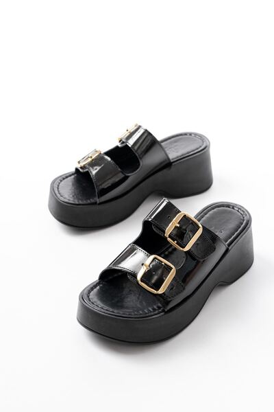 serkanseyyid 24414-574 Black Patent Leather Daily Buckle Wedge Heel Women's Slippers
