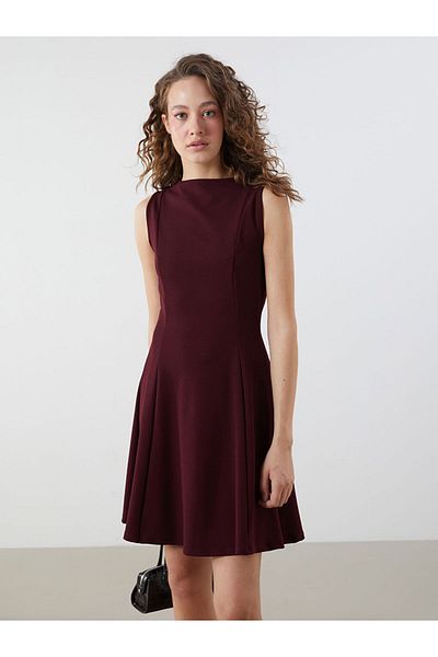 LC Waikiki Burgundy Crew Neck Peplum Mini Dress