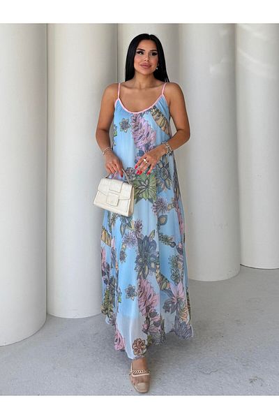 HARMONY GLOBAL Juls Floral Print Strap Chiffon Long Blue φόρεμα – V λαιμόκοψη, καλοκαιρινό και ανοιχτό σχέδιο 7426