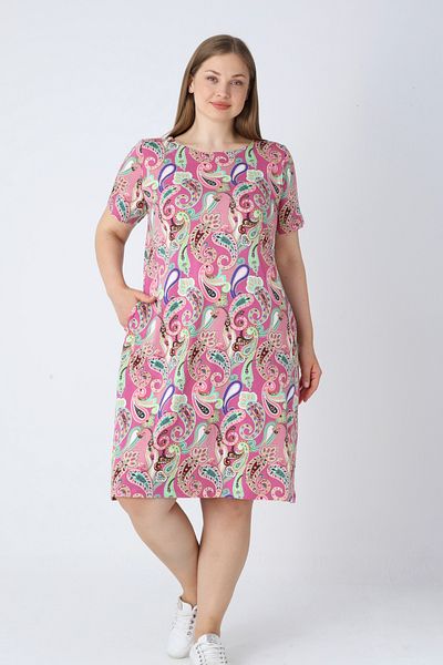 İntensive Women's Plus Size Patterned Short Sleeve Cotton Dress with Pockets