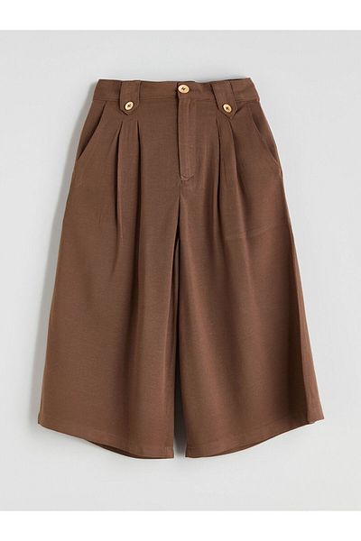 LC Waikiki Brown Linen Blended Pleated Girl's Capri