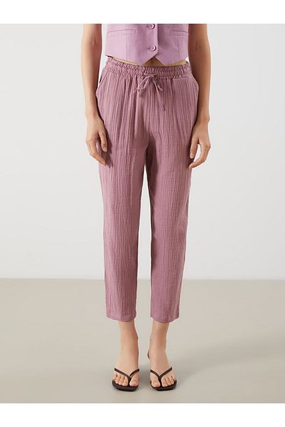 LC Waikiki Pink Textured Muslin Women's Trousers with Elastic Waist
