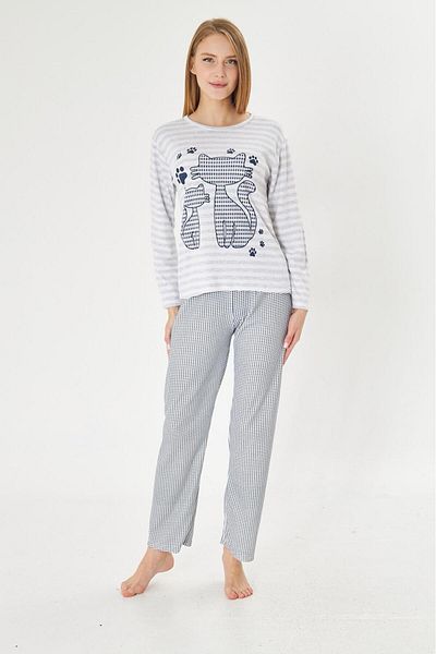 Pajama Shop Women's 100% Cotton White Cat and Paw Patterned Striped Crew Neck Long Sleeve Pajama Set