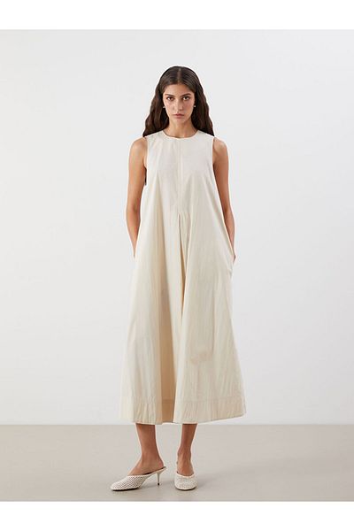 LC Waikiki Beige Crew Neck A-Line Poplin Dress