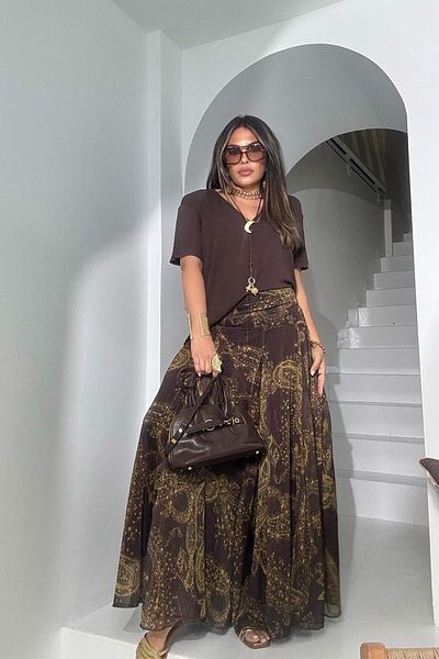 Sohotique By P Chiffon Draped Glitter Reflective Skirt Bitter Brown