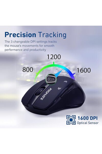 Promate 2.4G Wireless Optical Mouse - 800/1200/1600 DPI, USB Nano Receiver