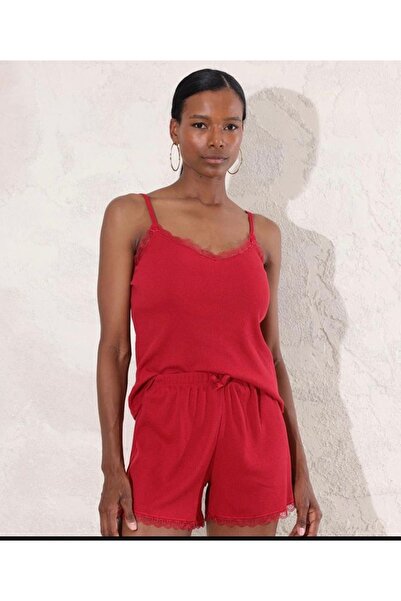 LETS BASIC Women's Pajama Set with Cotton Lace Detail and Strap Shorts