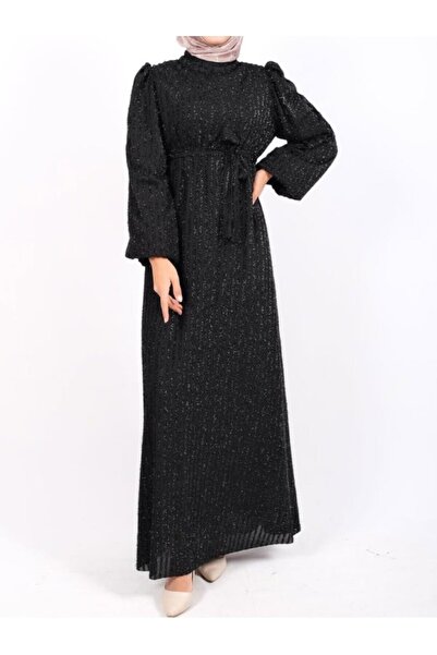 Genel Markalar Kolu Lastikli Sim Çizgili Kemerli Elbise -Siyah -COLLECTION