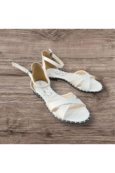 Serra Women's White Cross Model Flat Sole Stone Sandals