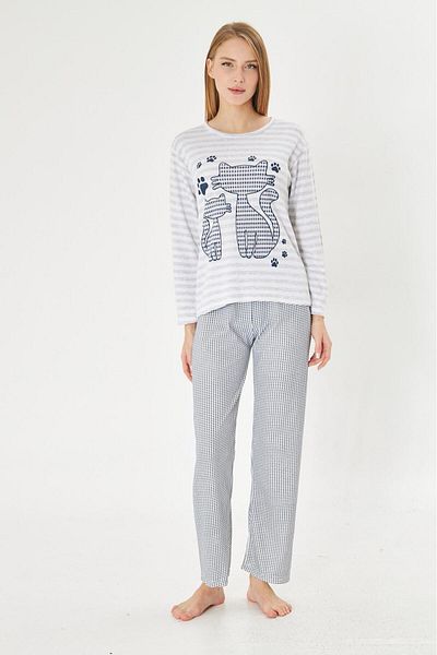 Pajama Shop Women's 100% Cotton White Cat and Paw Patterned Striped Crew Neck Long Sleeve Pajama Set