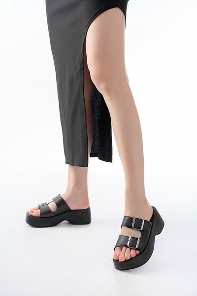 Moda Asmira 24414-574 Black Daily Buckle Wedge Heel Women's Slippers