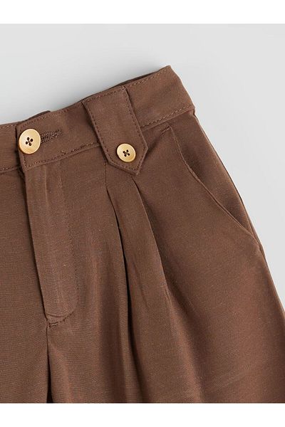 LC Waikiki Brown Linen Blended Pleated Girl's Capri
