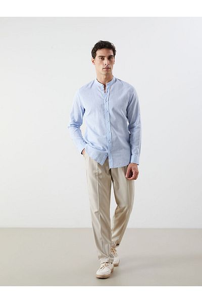 LC Waikiki Blue Regular Fit Long Sleeve Linen Blend Men's Shirt