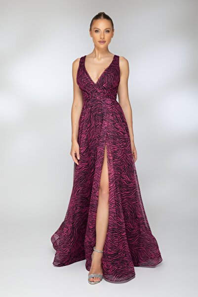 Atmosphere Fashion Rochie lungă din tul mov cu imprimeu animal print