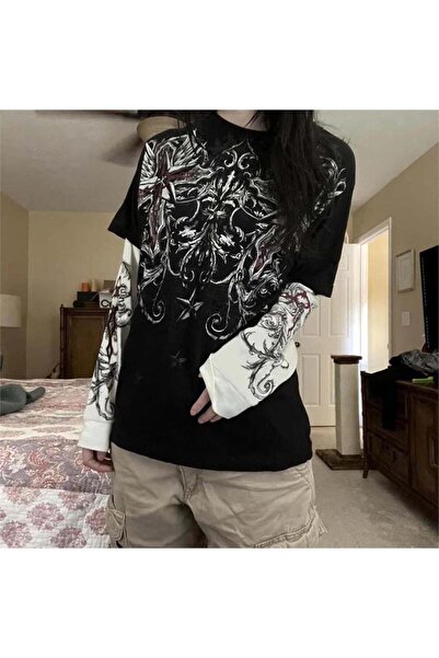 Karakedi Siyah Renaissance Pattern Unisex Beyaz Kollu T-Shirt