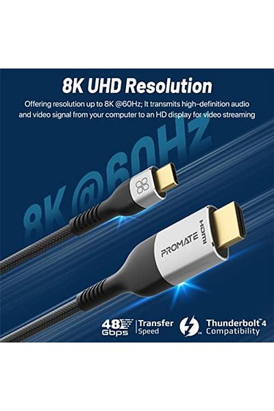 Promate USB-C™ to HDMI Cable, Ultra HD 8k 60hz Type-C™ (Thunderbolt-4) to HDMI Cable with 48Gbps