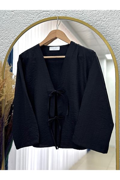 MİHRA STORE Kimono scurt din țesătură căpșuni Mirona cu șireturi în față-MF210 Negru