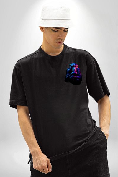 Angemiel Monkey Black Oversize Women's Men's Front Minimal Printed T-Shirt with Light Effect
