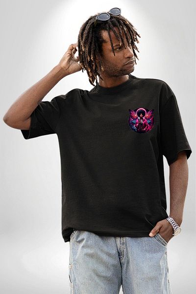 Angemiel Black Oversize Women's Men's Front Minimal Printed T-Shirt with Pink Shiny Wings
