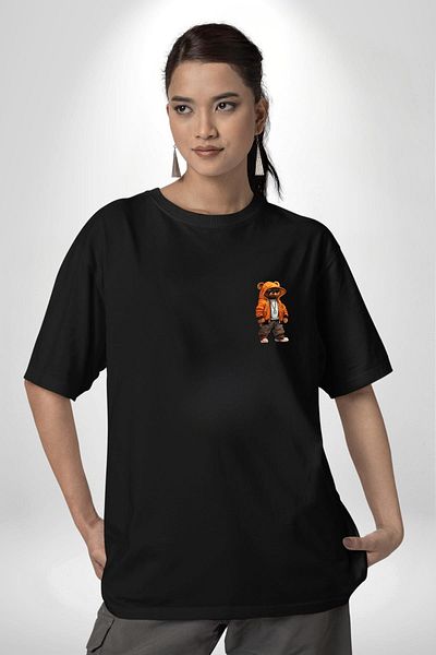 Angemiel Hip Hop Orange Hooded Urban Style Teddy Bear Black Oversize Women Men Front Minimal Printed T-Shirt