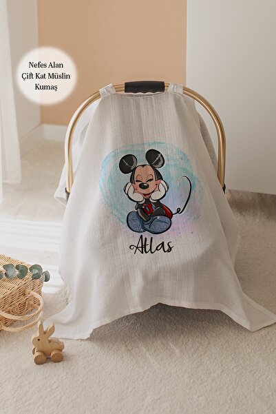 Lilabio %100 Pamuk İsme Özel Çift Katlı Müslin Puset Örtüsü - Mickey Mouse