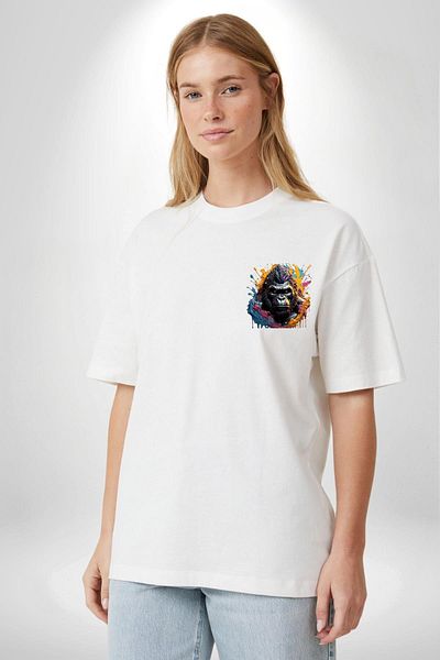 Angemiel Gorilla Design White Oversize Women's Men's Front Minimal Printed T-Shirt with Vibrant Colors