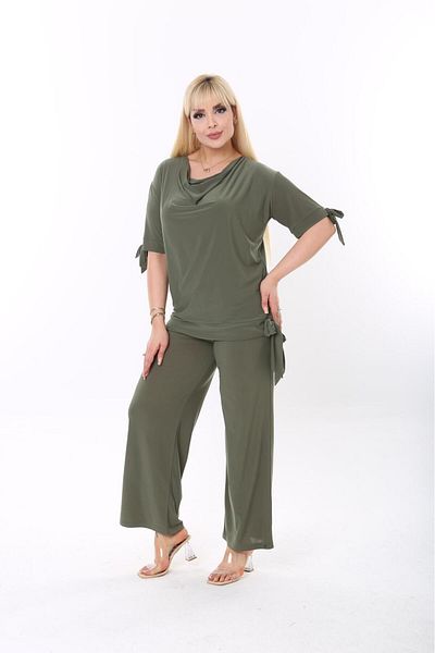 BİrHoşButik Plus Size Full Lycra Sandy Fabric Sweat-Proof Sleeves Lace-Up Loose Collar Elastic Waist Trend Suit