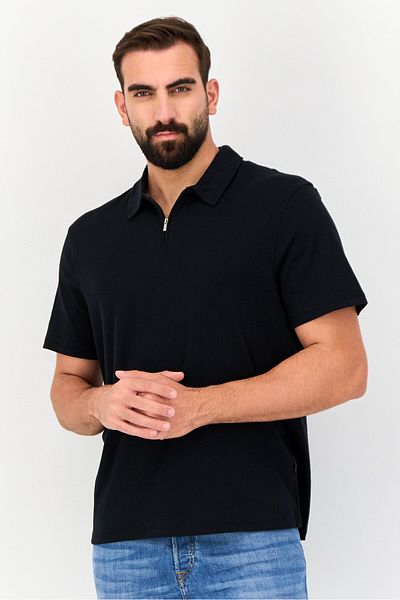 Vince Camuto Men Regular Fit Solid Quarter Zip Short Sleeves Polo Shirt, Black