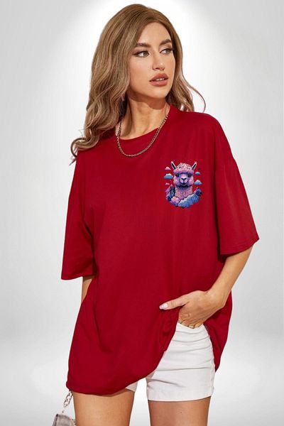 Angemiel Pink Pastel Colored Lama Design Red Oversize Women's Men's Front Minimal Printed T-Shirt