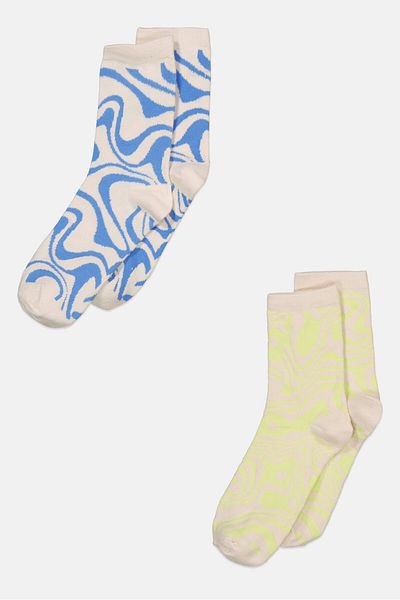Sinsay Women 2 Pack Abstract Print Socks, Green/Blue