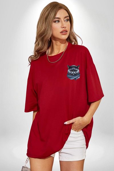 Angemiel تي شيرت City Cat Hat Shawl Serious Look باللون الأحمر كبير الحجم للنساء والرجال مطبوع من الأمام