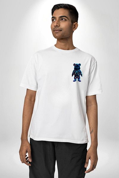 Angemiel Neon Lighted Teddy Bear Adding Color to the Night White Oversize Women's Men's Front Minimal Printed T-Shirt