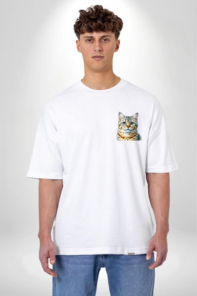 Angemiel Bengal Cat White Oversize Women's Men's Front Minimal Printed T-Shirt