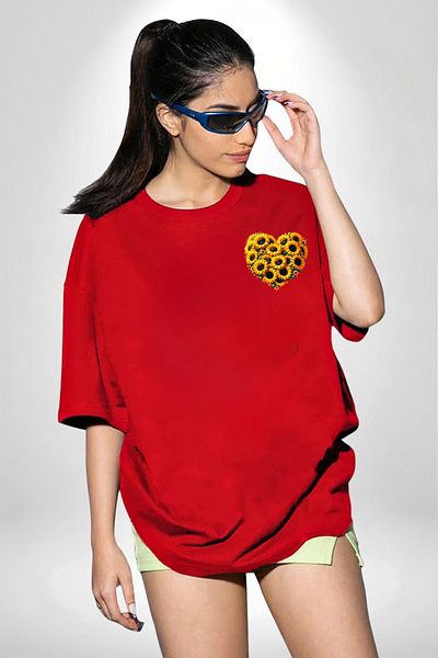 Angemiel Special Design Heart Spring Red Oversize Women's Men's Front Minimal Printed T-Shirt with Sunflower