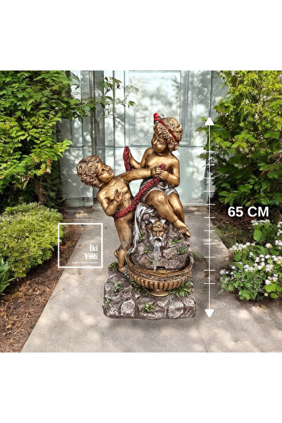 77 Melek Çocuklar Şelale Bahçe Heykeli 65 cm – Dekoratif Dış Mekan Bahçe Süsü...