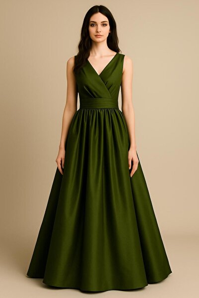 UNTIMELY Kruvaze Kapamalı & Piliseli Kuşaklı Maxi Boy Şık Tafta Elbise