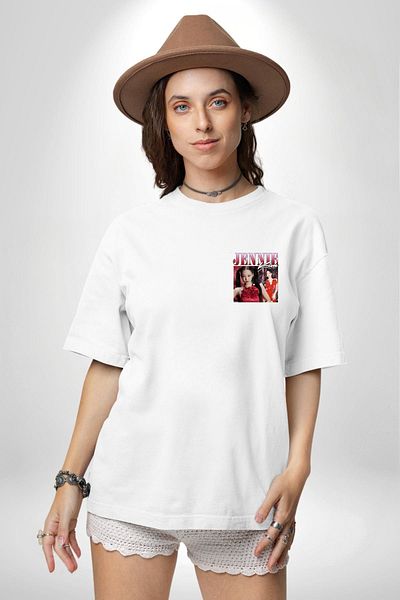 Angemiel Jennie Kim K-Pop Music Star White Oversize Women Men Front Minimal Printed T-Shirt