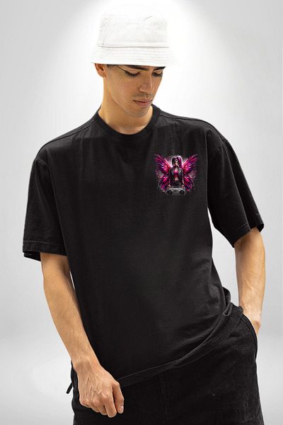 Angemiel Boombox and Bright Wings Design Black Oversize Women Men Front Minimal Printed T-Shirt