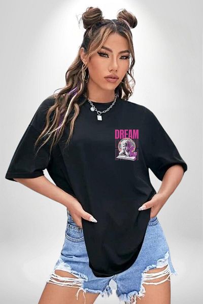 Angemiel Angels' Dream Angel and Dream Black Oversize Women's Men's Front Minimal Printed T-Shirt