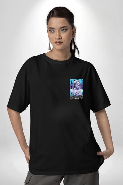Angemiel Mythological Future Futura Technology Black Oversize Women's Men's Front Minimal Printed T-Shirt