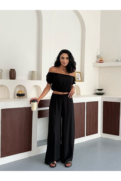 NEVVARE Women's Black Crop Boll Leg Pants Bottom Top Set