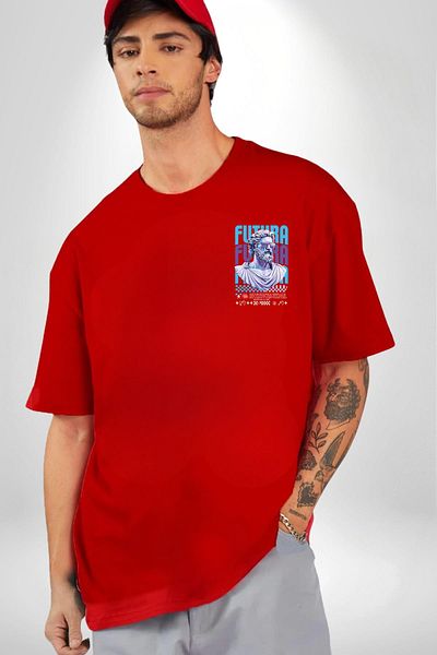 Angemiel Mythological Future Futura Technology Red Oversize Women's Men's Front Minimal Printed T-Shirt